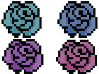 4 pixilated roses in teal, blue, purple and magenta